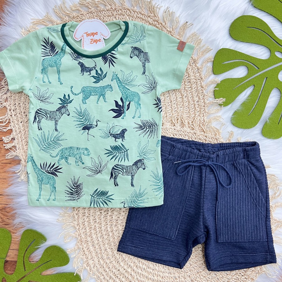 Conj. Camiseta Safari e Bermuda em Moletinho - Verde e Marinho